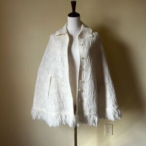 70s Vintage Boho Sweater Cape Poncho Button Down Shaggy Fringe Cream Floral Knit